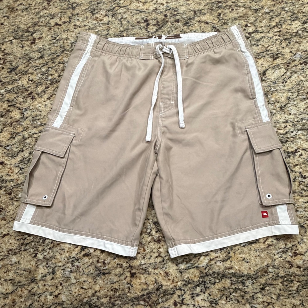 Tony Hawk Mens Tan White Cargo Board Shorts Mesh Lined Swim Trunks Size M